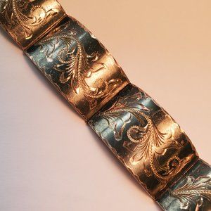 Vintage Sterling Damascene Flower Panel Bracelet Sz. 7 3/8""